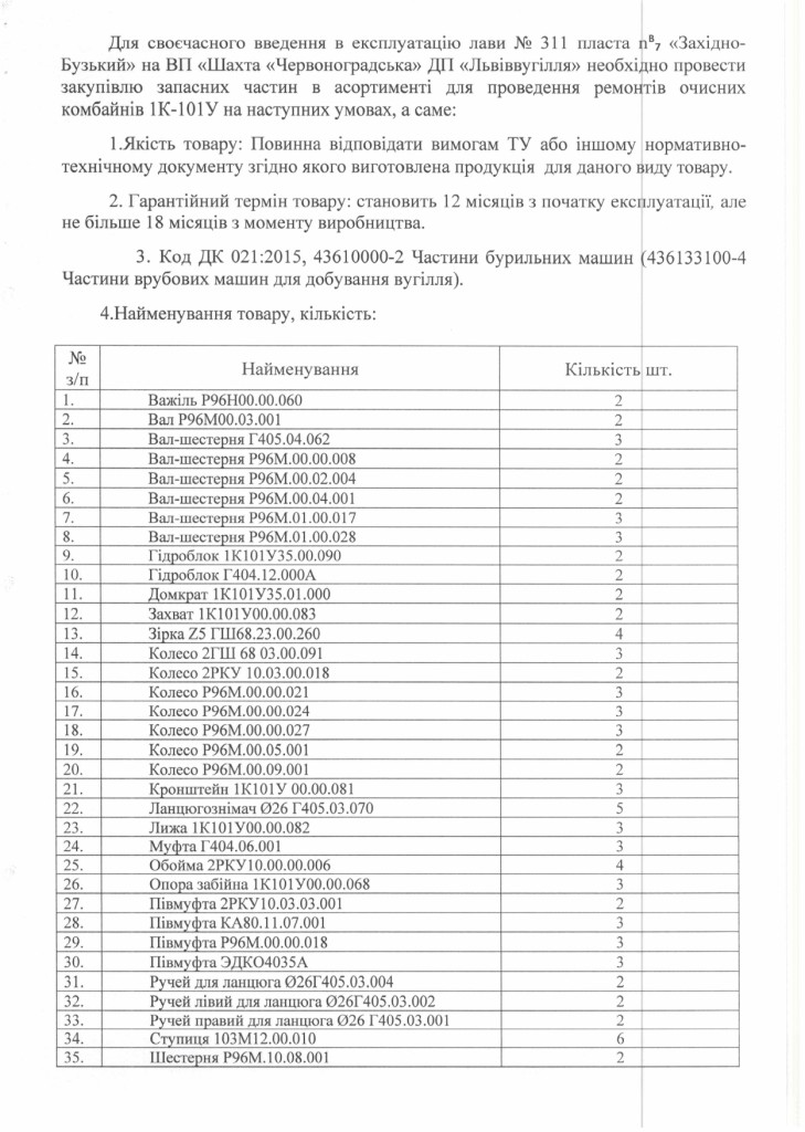 Обгрунтування доцільності закупівлі запасних частин для ремонту очисних комбайнів 1К-101У_page-0002