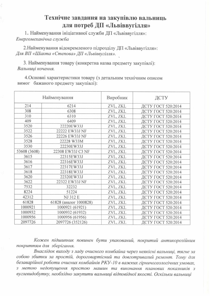 Технічне завдання на закупівлю вальниць для ремонту очисного комбайна РКУ-10_page-0001