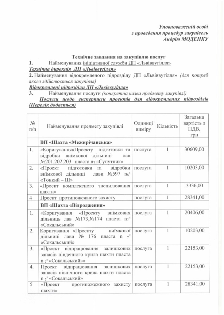 Технічне завдання на закупівлю послуги з проведення експертиза проектів для шахт ДП «Львіввугілля»_page-0001